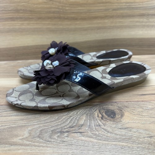 Coach Sandals Womens 7 Serenity Brown Khaki Flower Flop Thong Sandals - Picture 3 of 12