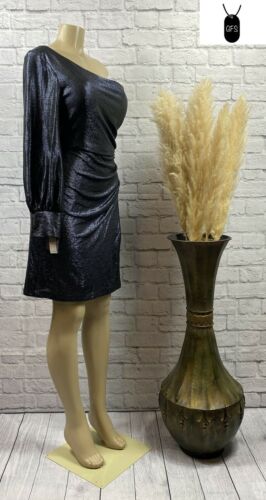 NIGHTWAY Women's Metallic Formal Dress- One Sleeve Long Sleeve Navy Size 12 - Picture 3 of 21