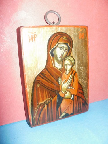 Piccola icona bulgara fatta a mano della Santa Madre di Dio con Gesù Cristo - RARA - Foto 2 di 14