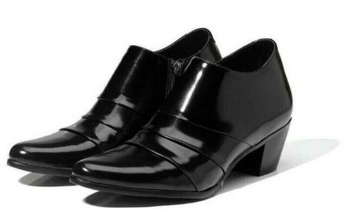 Men's Loafers Mid High Cuban Heel Wedding Zipper Casual Bussiness Leather Shoes - Picture 2 of 12
