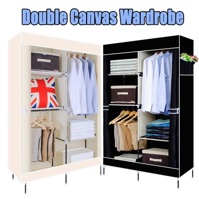 Double Canvas Wardrobe Bedroom Storage Clothes Hanging Rail Cupboard 2 Colors Ebay