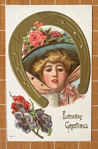 BIRTHDAY GREETINGS POSTCARD~GOLD HORSESHOE BLONDE WOMAN BIG HAT & ROSES & VEIL - Picture 1 of 2