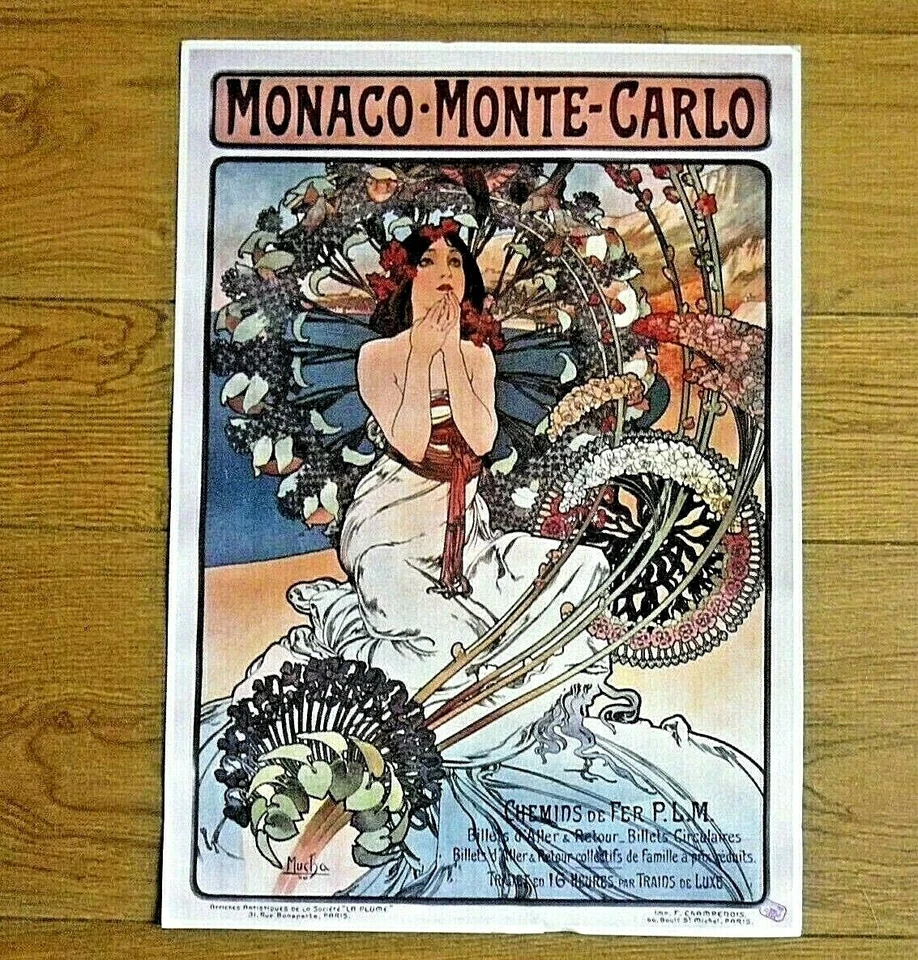 Affiche Monaco - Monte Carlo Chemins de Fer PLM dessin signé Mucha - Photo 1/1