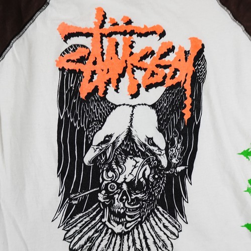 Stussy T Shirt Mens M White Raglan Sleeve Crew Neck Eagle Skull Streetwear - Picture 20 of 21