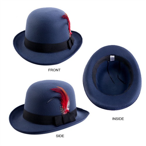 Vintage Hard Bowler Hat Wool Felt Men Women Fedora Derby Hat Removable Feather - Picture 9 of 14