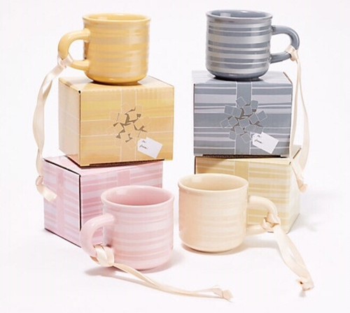 NEW Temptations Set STRIPE Espresso Cup Mug Ornament 2.5oz w/Gift Box PINK GREY - Picture 7 of 12