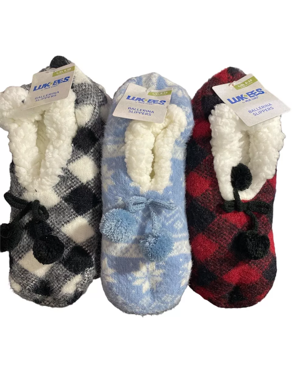 Muk Luks Ballerina Slippers Luk-ees Buffalo Check Socks Grip Sole L / XL  8-10