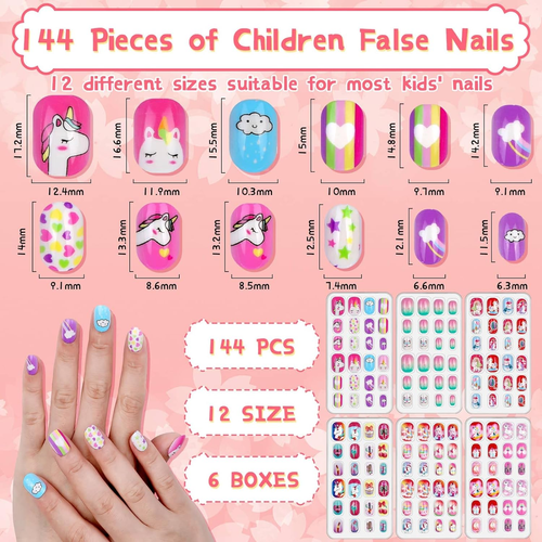 144 Pieces Girls Press on Fake Nails for Kids, Acejoz Girls Unicorn False Nails - Picture 2 of 12