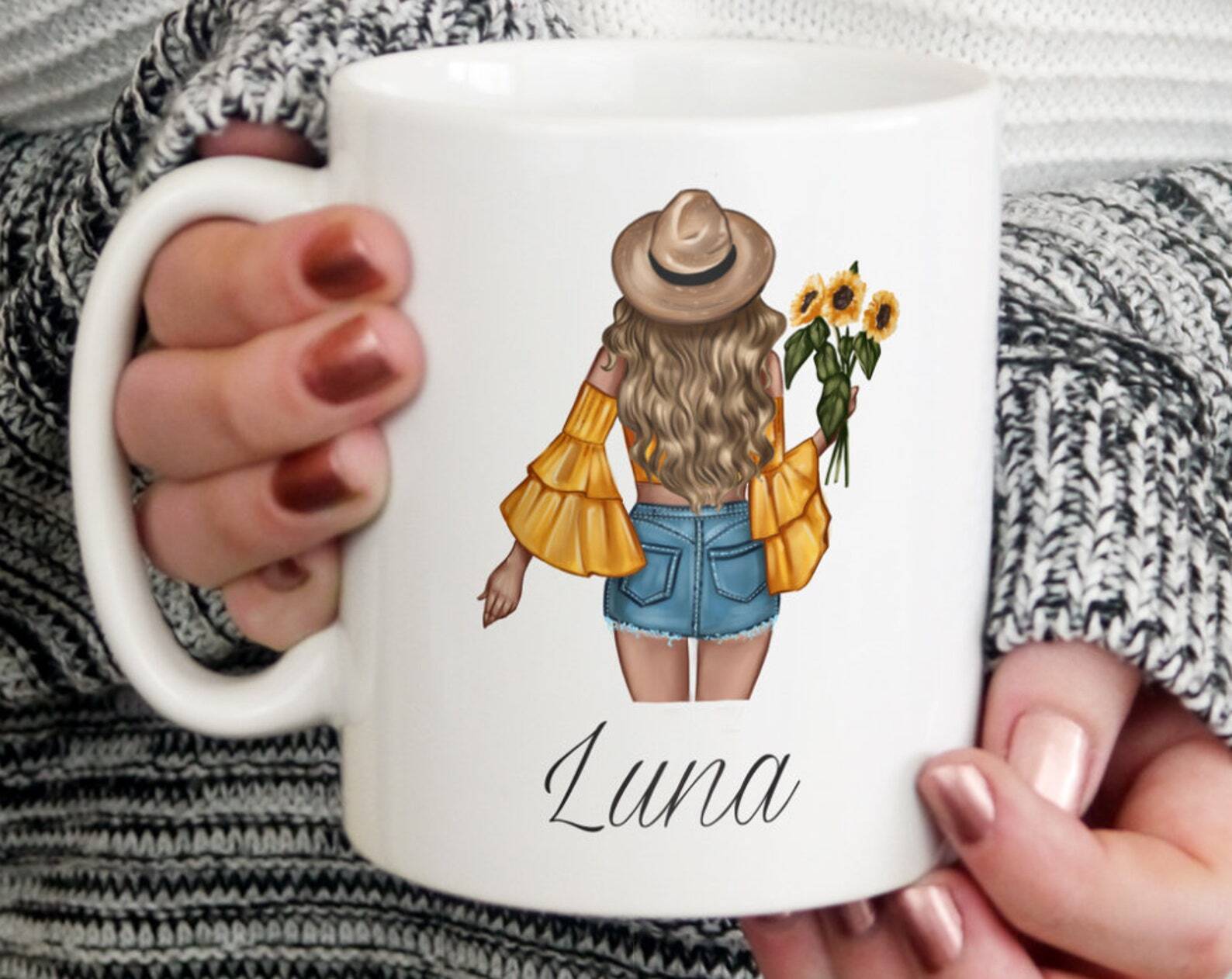 Personalised Sunflower Girl With Blonde Hair Mug Gift For Her Personalised Mug