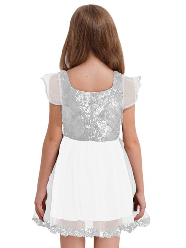 Girl Sparkly Tulle Tutu Dress Fly Sleeve Sequins Lace Flower Prom Dresses Party - Picture 39 of 40