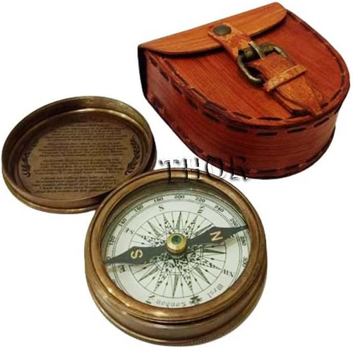 Vintage Brass Pocket Compass with Leather Case Rustic Navigation Gift Decor - 第 3/7 張圖片