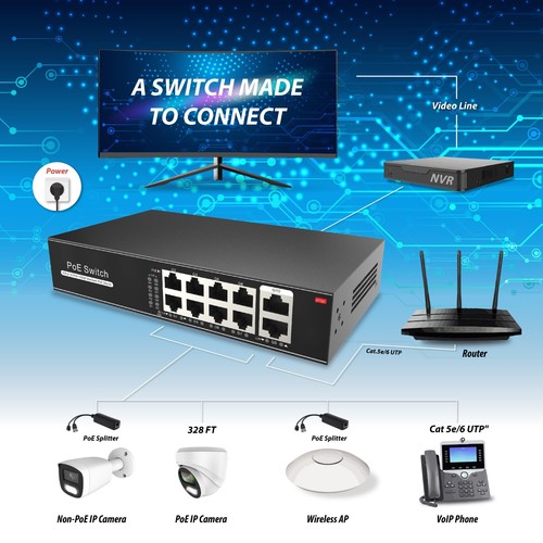8 Port Gigabit PoE Switch +2 Gigabit Uplinks, Max Output 120W, 803.af/at 30w max - Picture 5 of 6