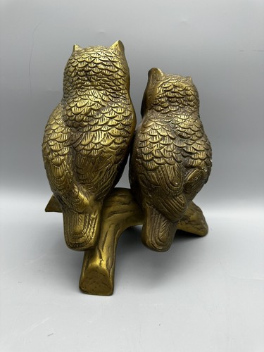 Statuina grande vintage metà secolo ottone due gufi su ramo pesante - Foto 6 di 9