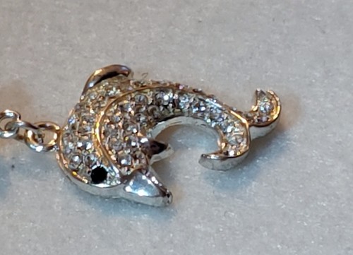 DOLPHIN Dangle Belly Button Ring Prong Set Faux Diamond Rhinestones Silvertone - Picture 5 of 9