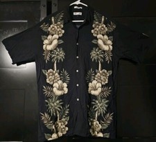 Pierre Cardin Hawaiian Shirt Mens Button Down Medium Floral Tropical Black