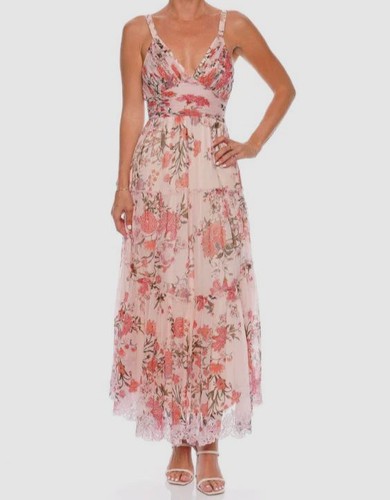 $595 Hemant & Nandita Women's Pink Tiered Ruffle Floral Midi Dress Size S - Bild 1 von 3