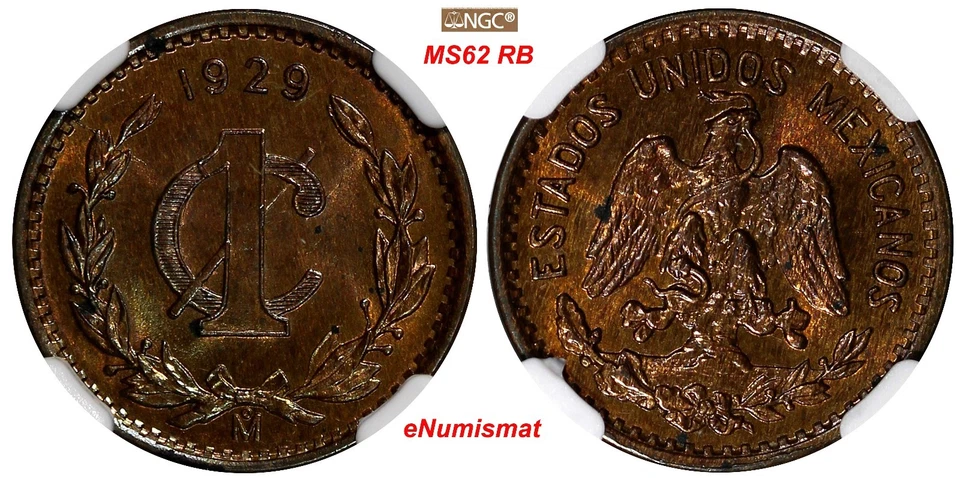 Mexico ESTADOS UNIDOS MEXICANOS Bronze 1929 Mo 1 Centavo NGC MS62 RB KM# 415 (7) - Image 2 of 4