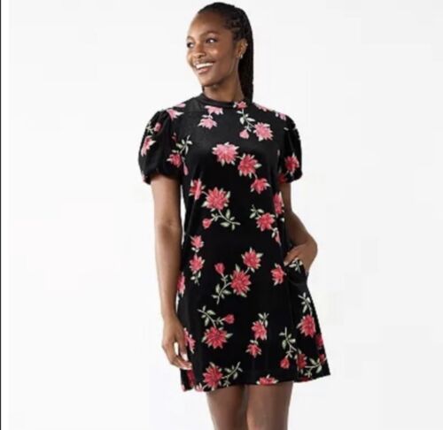 Draper James Women's XL Black & Red Multicolor Shift Floral Velvet Dress NWT