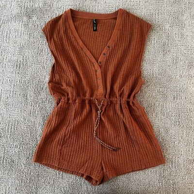 Out From Under Rust Knit Sleeveless Romper Cotton Button Drawstring S