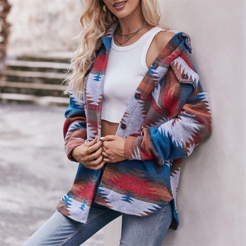 Women's Geometric Jacket Loose Coat 2024 Long-Sleeved Shirt Lapel Woolen Coat - Bild 14 von 18