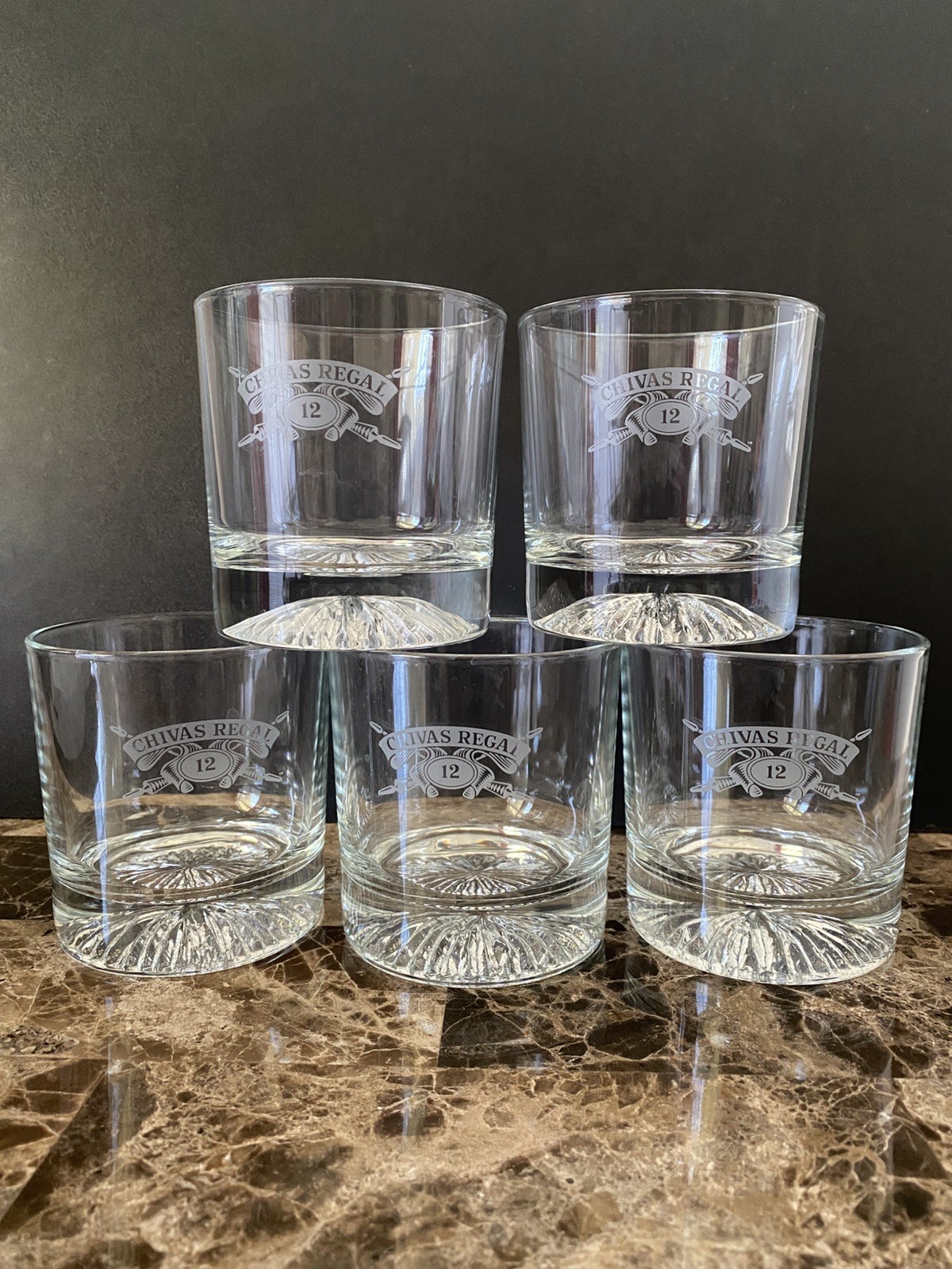 Chivas Regal Set of 5 Lowball Whiskey Rocks Drinking Glasses Etched Logo