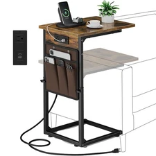 Vagusicc C Shaped End Table with Charging Station, Adjustable, Sofa Side Table