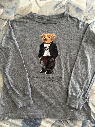 New Youth Polo Ralph Lauren Bear ‘67 Graphic Gray Long Sleeve Shirt Size 7 - Picture 1 of 7