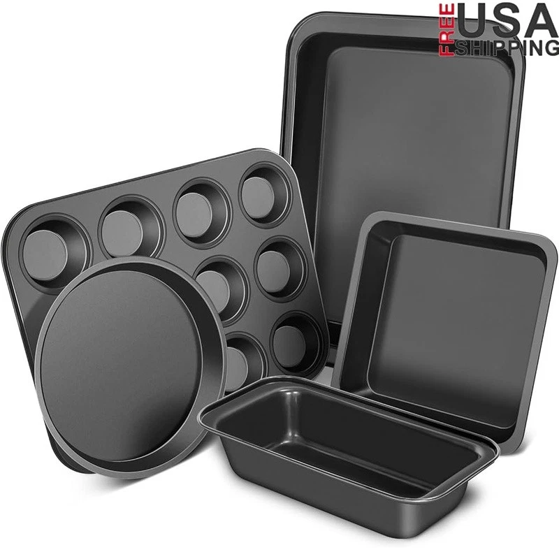 5 Piece Carbon Steel Baking Pans Set Nonstick Bakeware Cake Muffins Roasting New