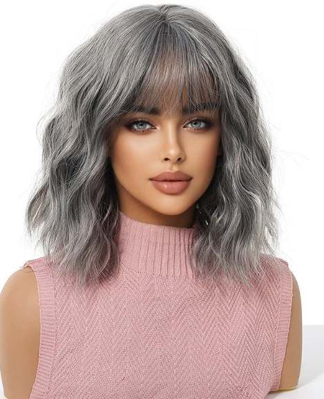 Pelucas de cabello sintético ondulado rizado hasta los hombros gris mezclado para mujeres suaves Foto 3 de 4