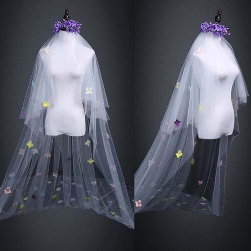 1-Tier Wedding Veil No Comb Bridal Illusion Veils Sheer Tulle 4-Petal Flowers - Picture 2 of 8