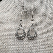 Sterling Silver Filigree Dangle Earrings .925 Ornate Teardrop 1.60g