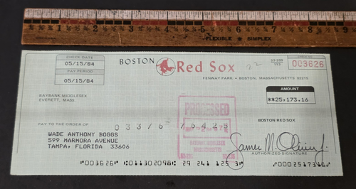 WADE BOGGS Signed Payroll Check-HALL OF FAME-RAYS-YANKEES-BOSTON RED SOX-JSA - Picture 3 of 7