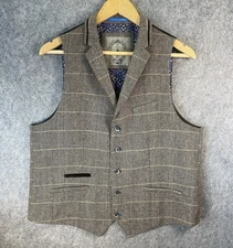 Cavani Tweed Waistcoat Mens UK 42R Brown Slim Fit Check Wool Blend Smart Vest