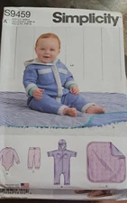 Simplicity Pattern 9459 Babies' Bodysuit Jumpsuit Pants & Blanket  XXS - L Unc