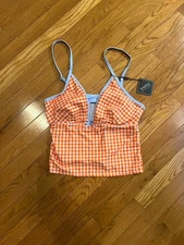 Zaful Orange Gingham One Piece Swimsuit Women Size M Adjustable Straps Retro