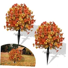 23" Set of 2 Artificial Boxwood Topiary Flowers Ball with Spikes for Orange