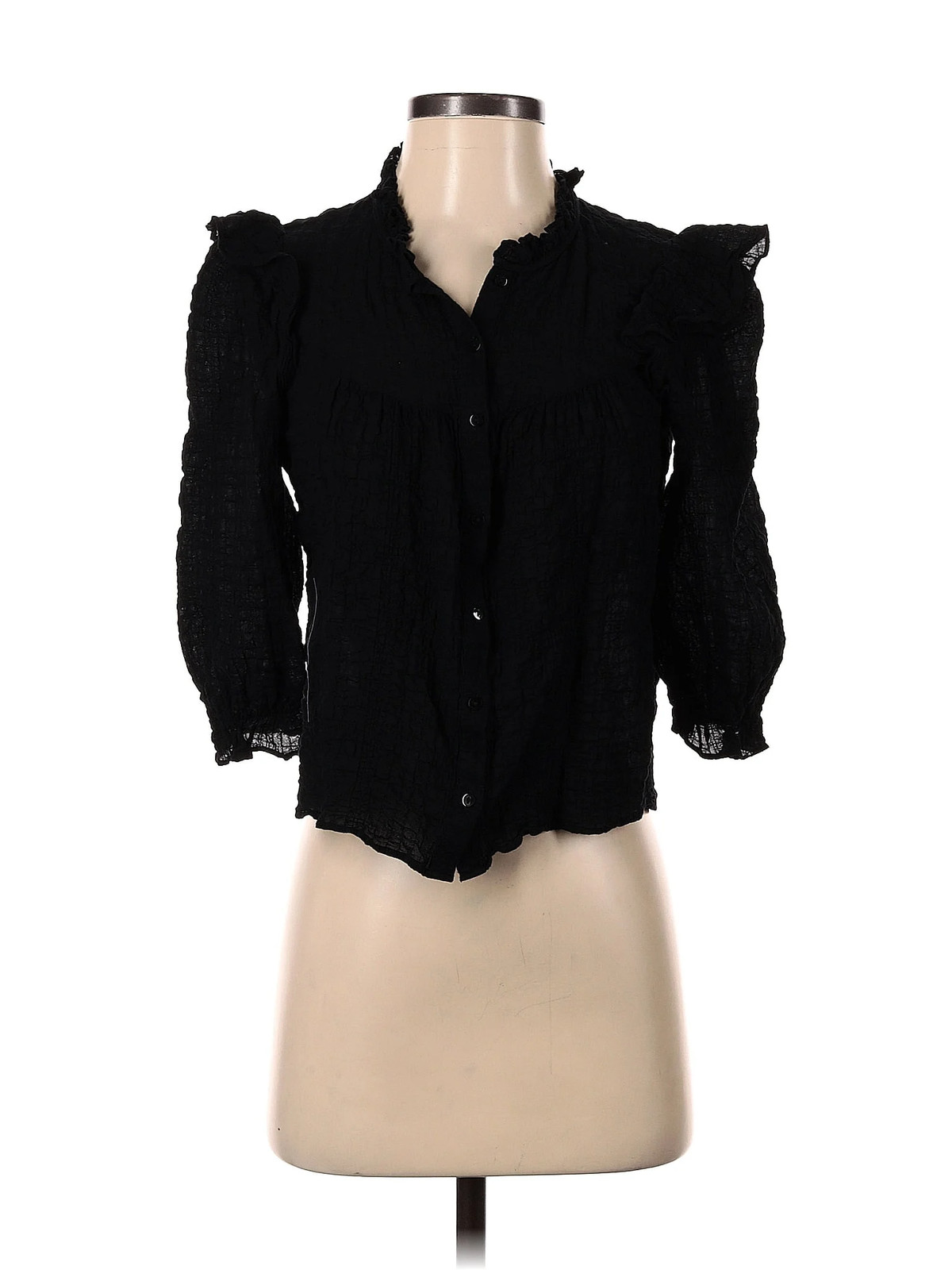 Zara Women Black 3/4 Sleeve Button-Down Shirt S