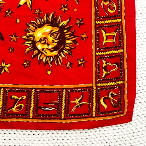 Vintage Unmarked Red Celestial Sun Zodiac Silk Hand Stitched Rolled Edges Scarf - Picture 3 of 8