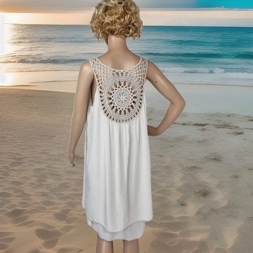 Made in Italy lined beige crochet back dress sz 16 beach holiday summer - Picture 3 of 7
