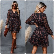 Cupshe Floral Chiffon A Line Puff Sleeve Mini Dress Black Red Size XL