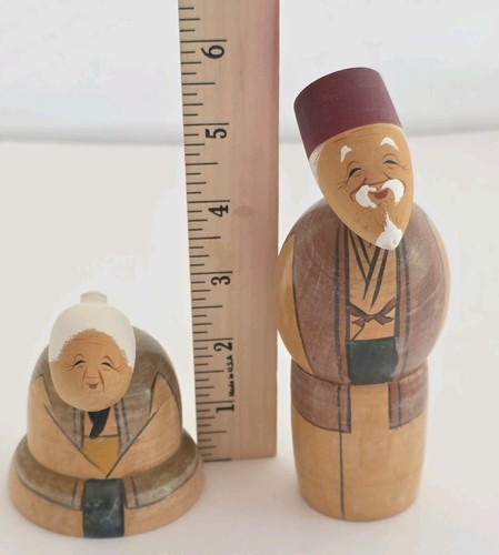 Vintage  Japanese Kokeshi Grandparents Grandma and Grandpa Wood Handmade Dolls - Picture 2 of 12