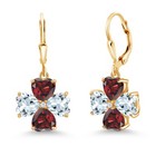 18K Yellow Gold Plated Silver Aquamarine and Garnet Dangle Earrings For Women