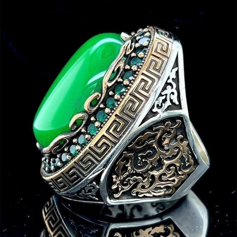 Мужчина зеленый нефрит камень серебро большой камень кольцо османский стиль вышитое кольцо - Изображение 3 из 4