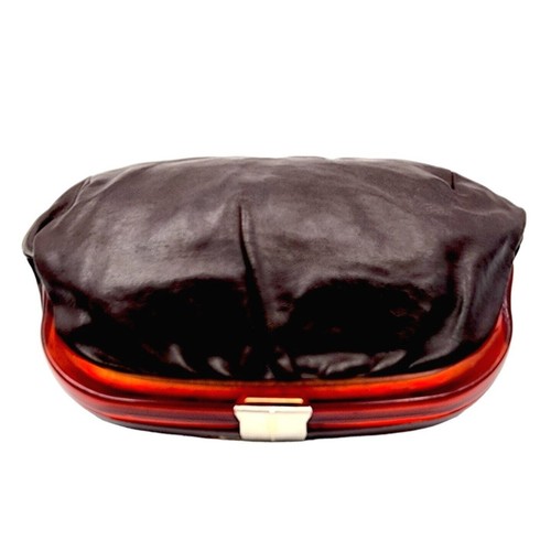 Sac à main pochette simili cuir marron poignée lucite vintage intérieur miroir - Photo 4 sur 8
