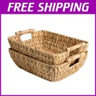 Natural Water Hyacinth Baskets with Polished Wooden Handles - Handcrafted 2-Pack