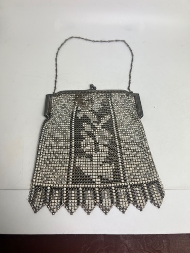 Art Deco Whiting & Davis Mesh Purse Black White Emaille Flower Flapper Handtasche - Bild 9 von 22