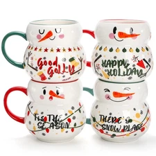4 Pack Christmas Mugs Set, 15oz Ceramic Snowman Coffee Cup, Stackable Holiday...