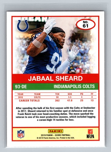 2019 Score #61 Jabaal Sheard Gold Zone #/50 - Picture 2 of 2