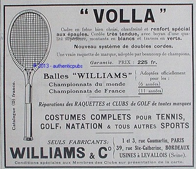 ADVERTISEMENT WILLIAMS & C° TENNIS RACKET VOLLA BALLS SPORT 1926 FRENCH AD