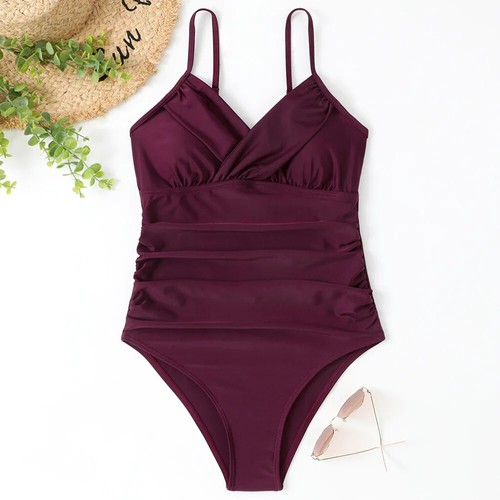 Women Plus Size One Piece Swimsuit Beach Swimwear Ruched High Waist Bathing Suit - Picture 29 of 60